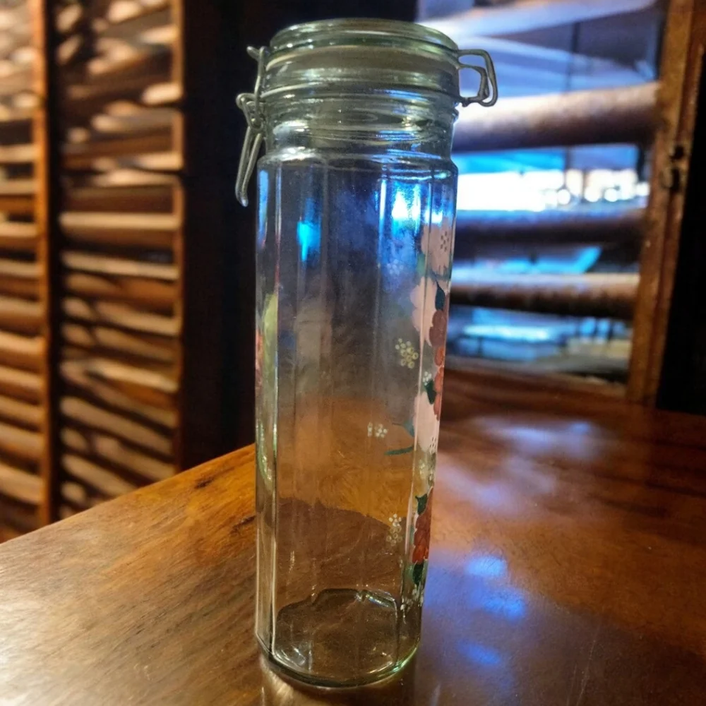 Vtg Sealing Clear Glass Pink Flower 🌸  Hand Painted Apothecary Canister